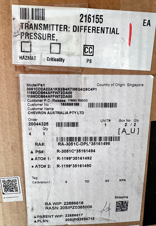 Rosemount 3051 Coplanar Pressure Transmitter - 3051CD2A22A1KS2B4K7M5Q4Q8C4P1