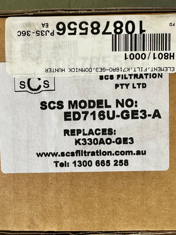 SCS Filtration ED716U-GE3-A Replacement Element for Domnick Hunter K330AO-GE3