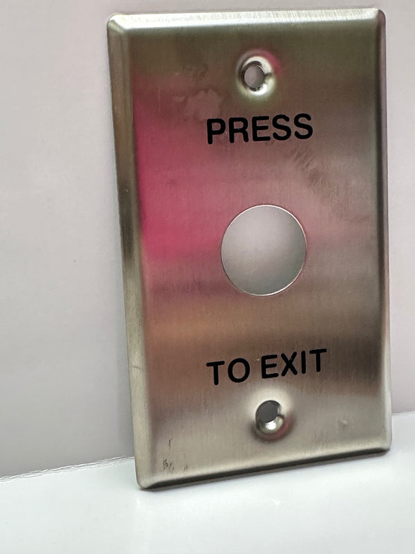 GPO Stainless Steel Plate with 22mm Hole, Printed Black Text - Press To Exit