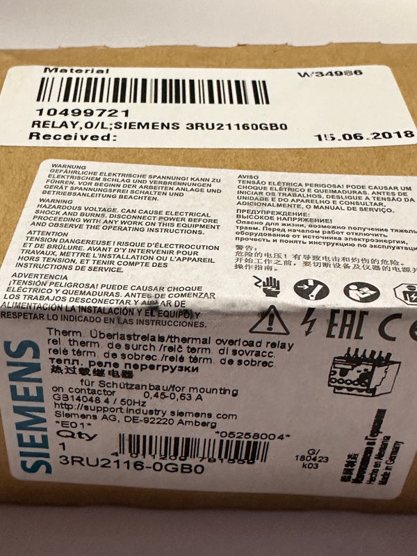 SIEMENS 3RU2116-0GB0 Overload Relay