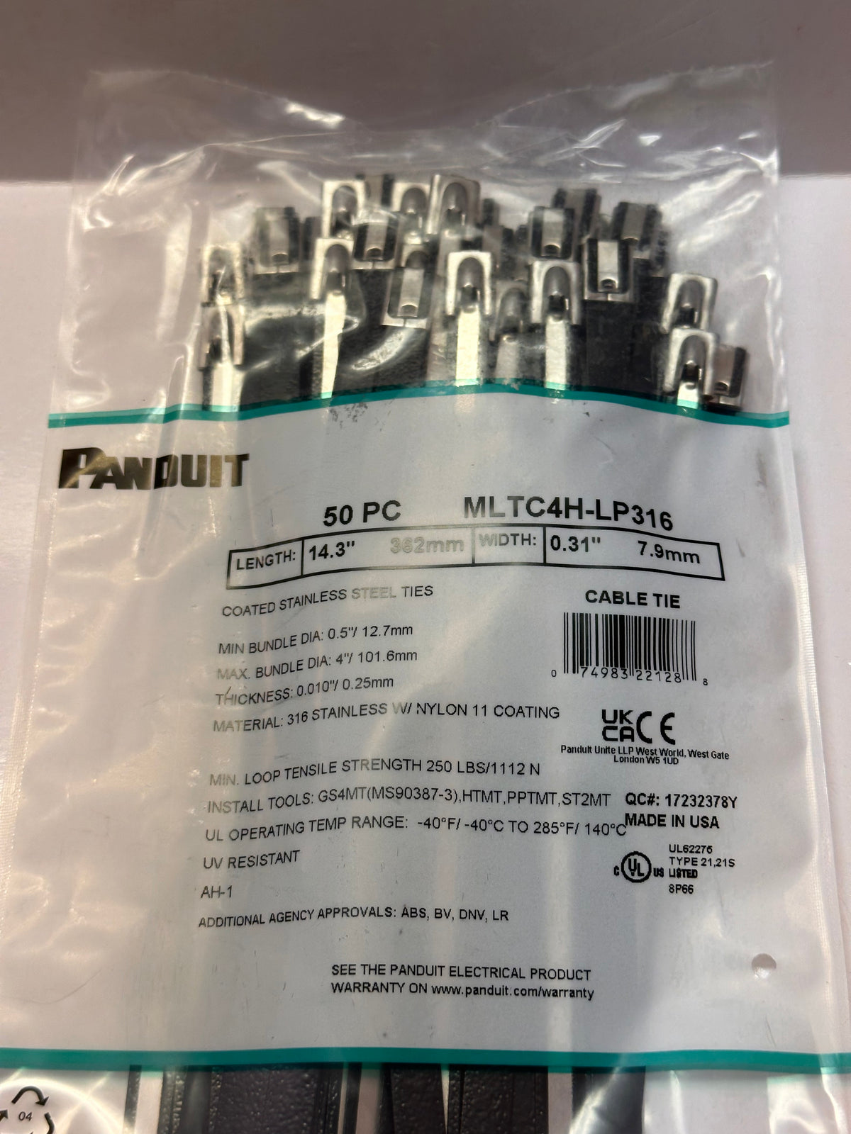 Panduit Pan-Steel MLTC4H-LP316 Coated Cable Ties — 362 mm, Pack of 50
