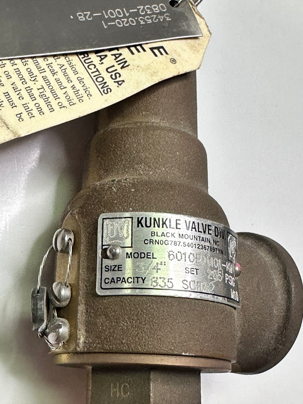 Kunkle 6010EDM01-KM Relief Valve 3/4" Set to 205psi, 1413kPa
