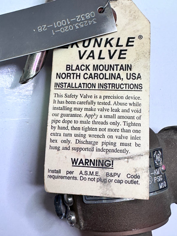 Kunkle 6010EDM01-KM Relief Valve 3/4" Set to 205psi, 1413kPa