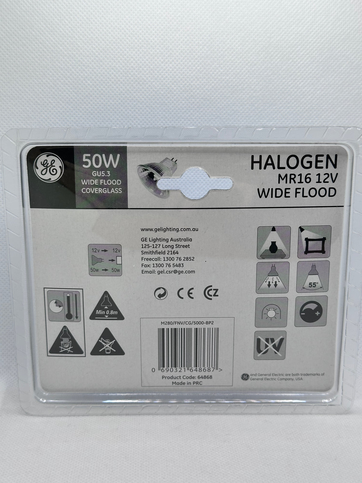 GE 64868 MR16 12V 50W Halogen Globe, GU5.3, 55° Wide Flood