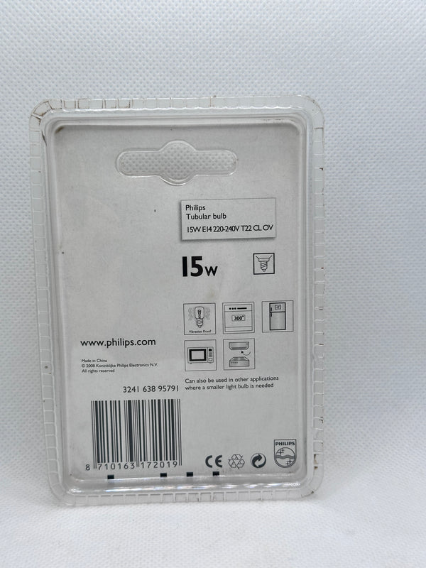 Phillips 15W E14 230-240V T22 CL OV Tubular Bulb