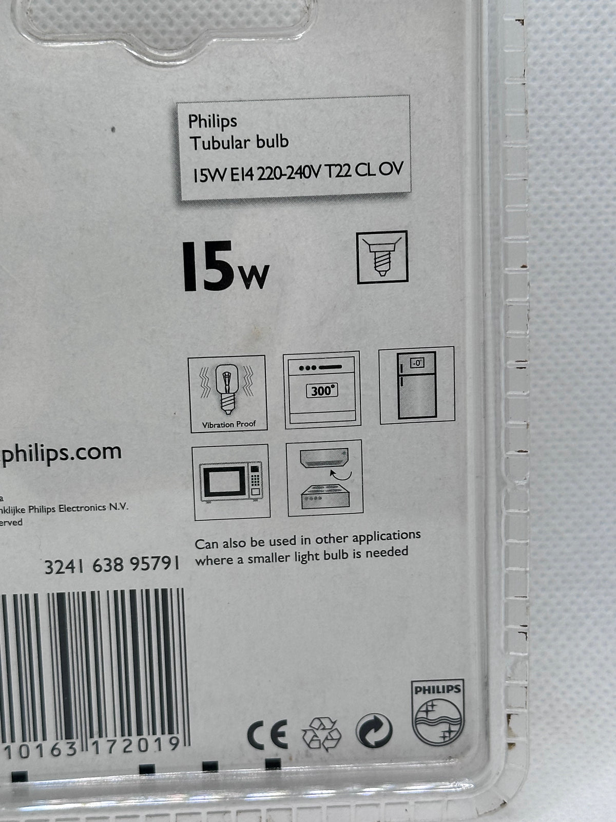 Phillips 15W E14 230-240V T22 CL OV Tubular Bulb