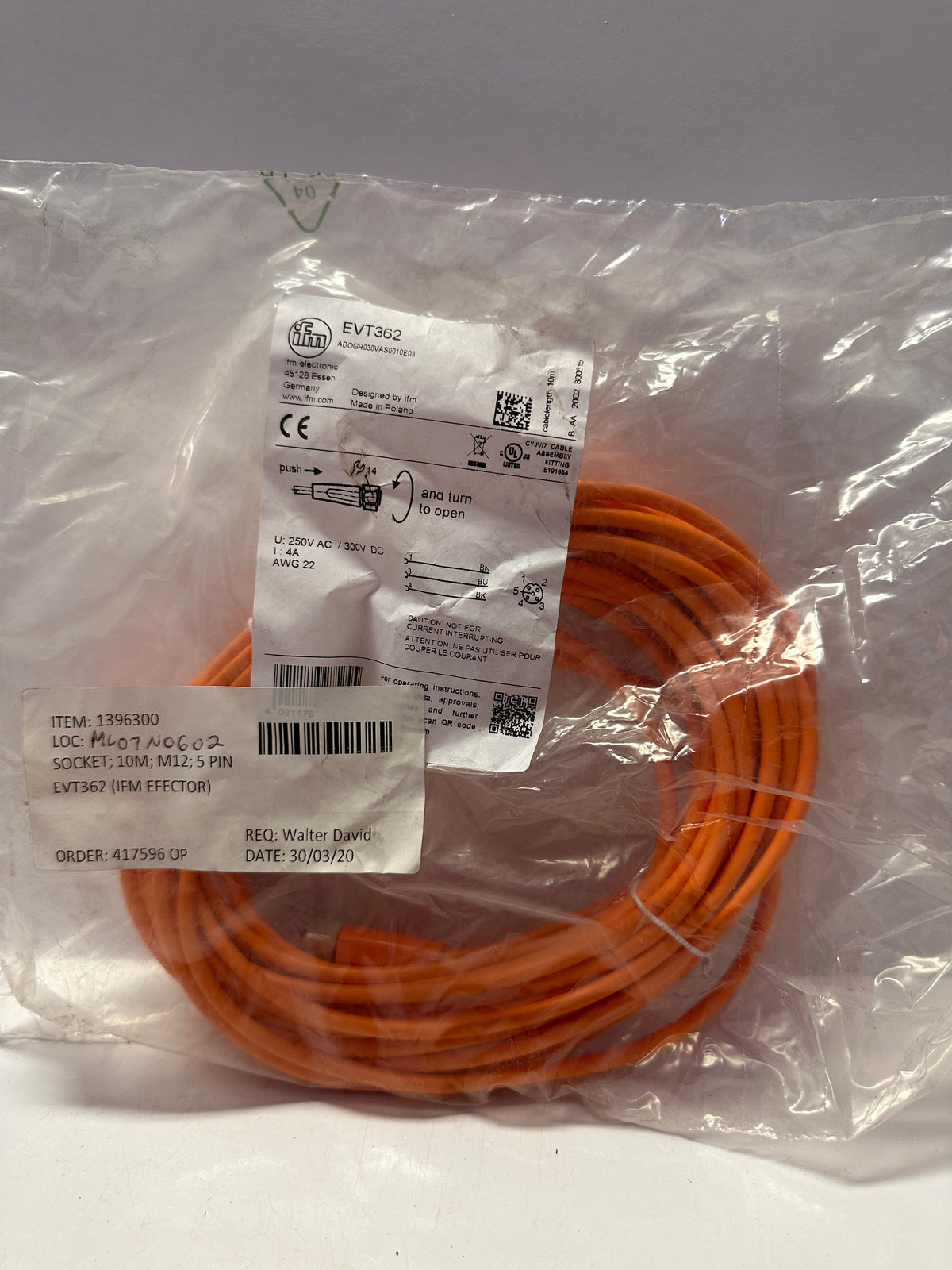 ifm EVT362 M12 Socket Connecting Cable, 10 m PVC