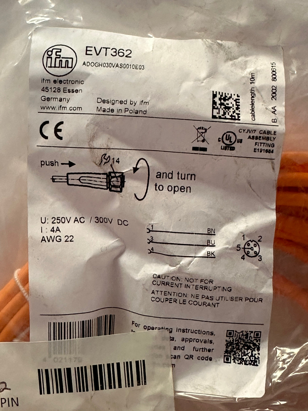ifm EVT362 M12 Socket Connecting Cable, 10 m PVC