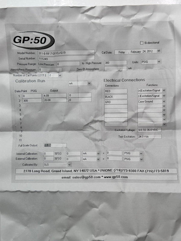 GP:50 Model 311 Industrial Grade Pressure Transducer 311BRF7GFCJG19 with Red Cable