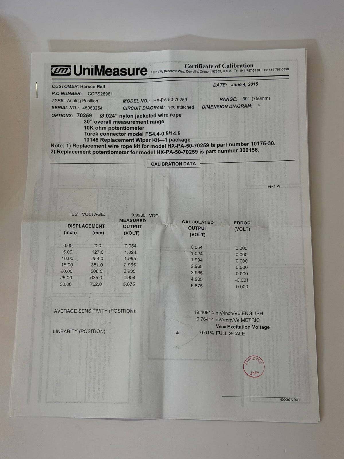 Unimeasure HX-PA Series Heavy-Duty Draw Wire Sensor with Ratiometric Output, HX-PA-50-70259