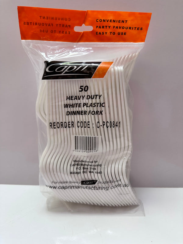 Capri 50pk Heavy Duty Reusable White Plastic Dinner Forks