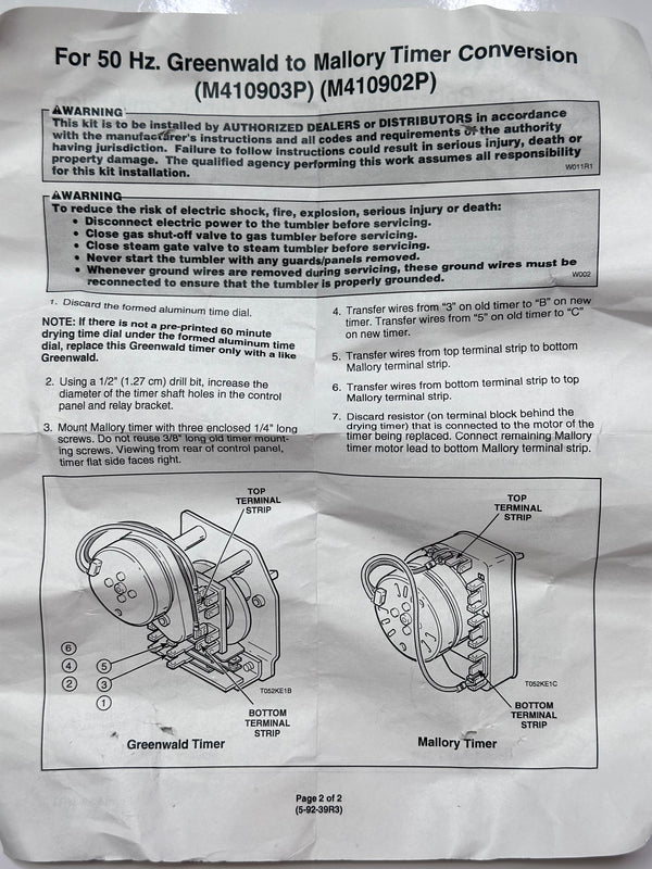 Speed Queen M410905P Dryer Kit, Mallory Timer, 15min - 50Hz