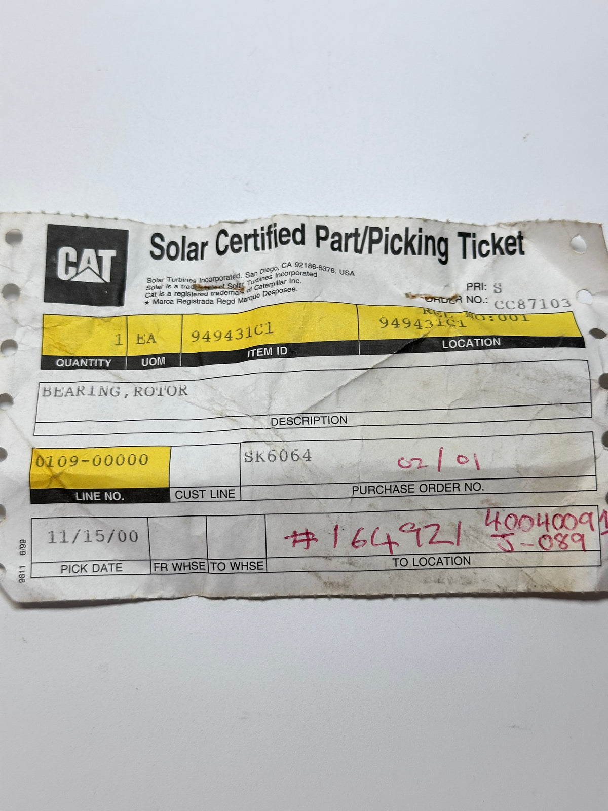 949431C1 Front Rotor Bearing for Cat Solar Turbines