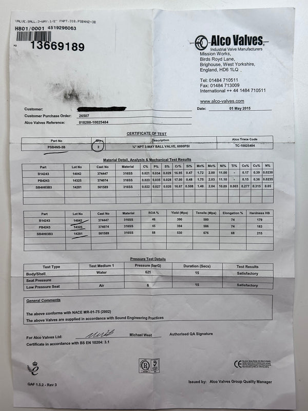 PSB4NS-3B 3 Way L Port Diverter Ball Valve