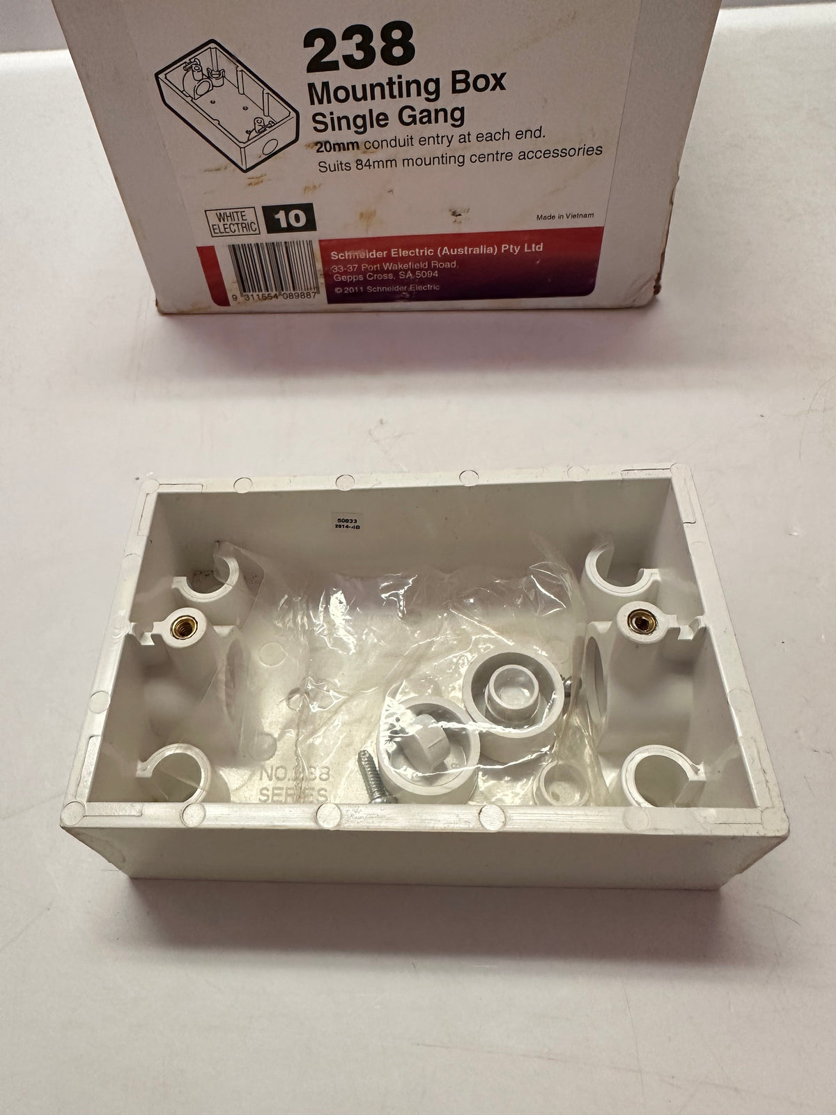 Clipsal 238 Mounting Box with 20mm End Entries (white) box of 10