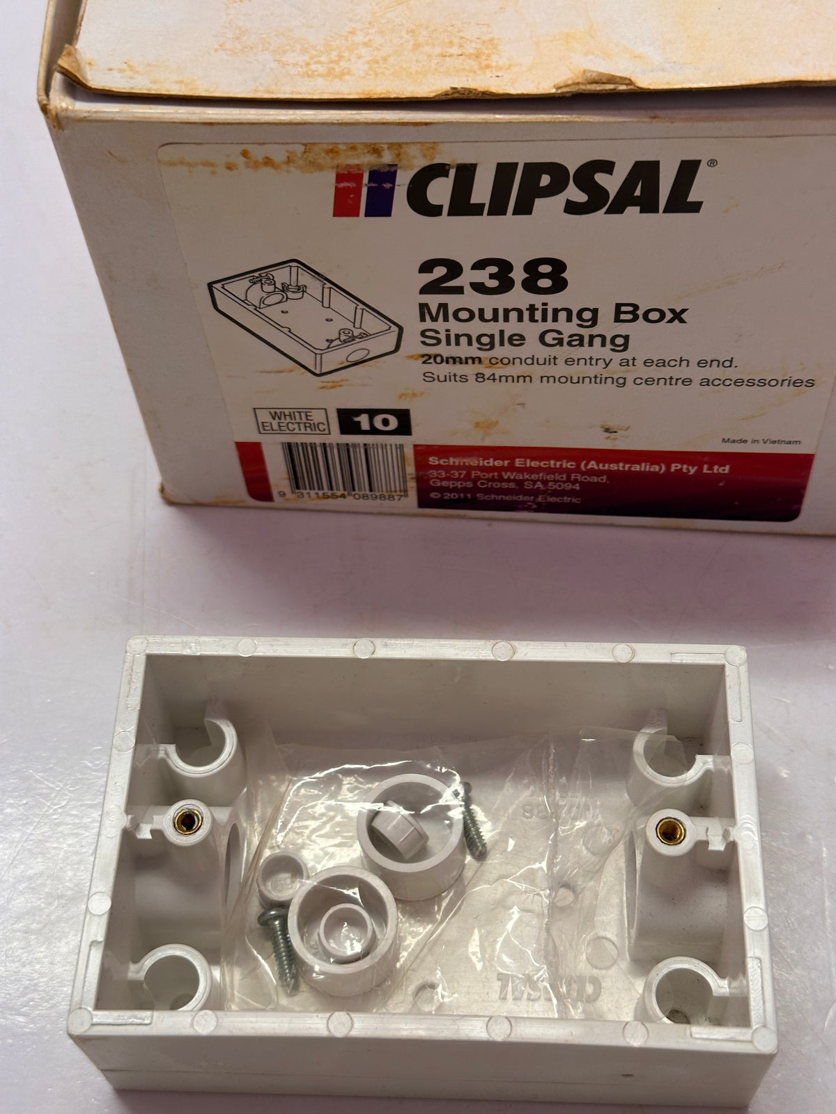 Clipsal 238 Mounting Box with 20mm End Entries (white) box of 10