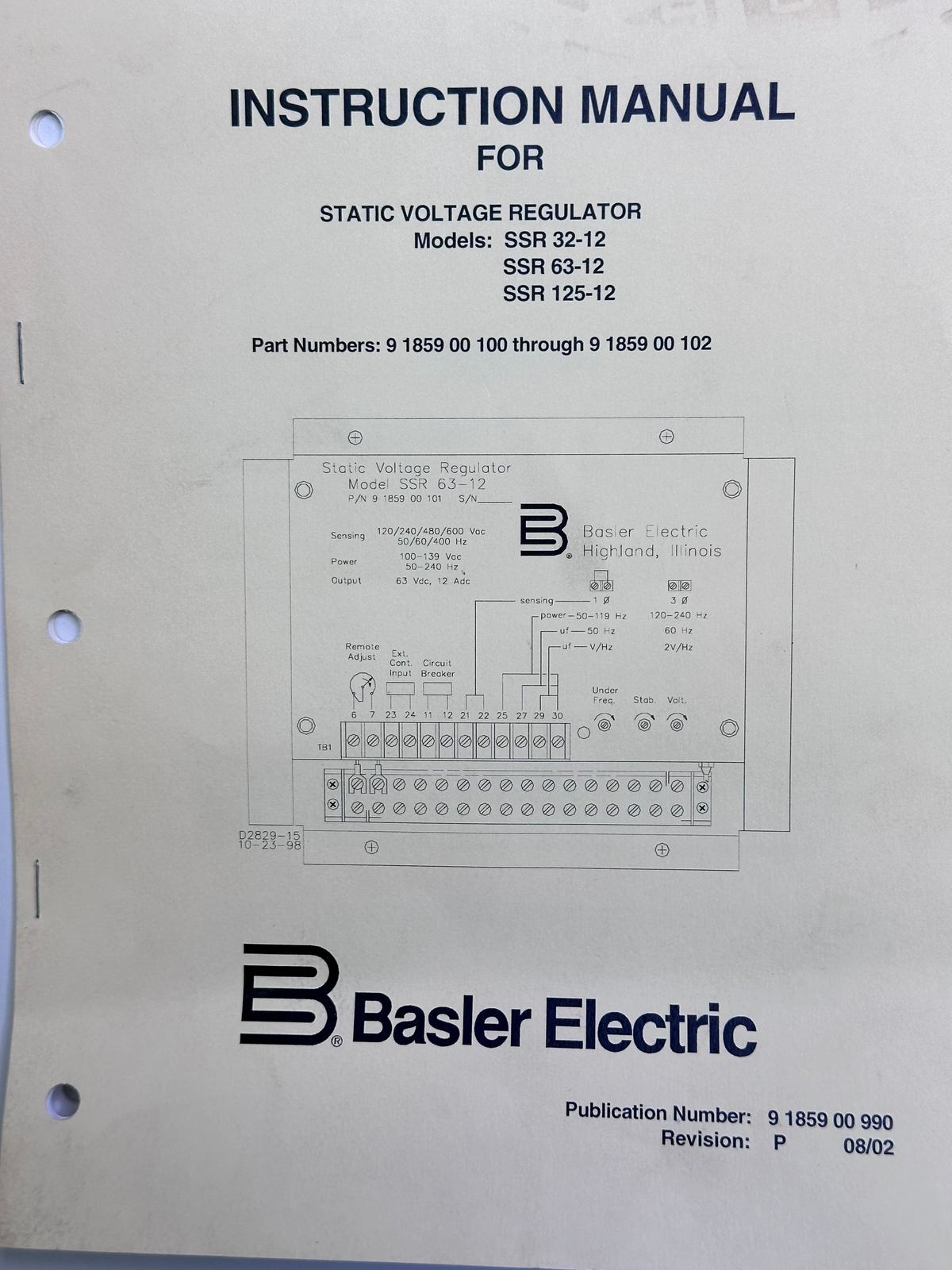 Basler Electric SSR 63-12 Static Voltage Regulator