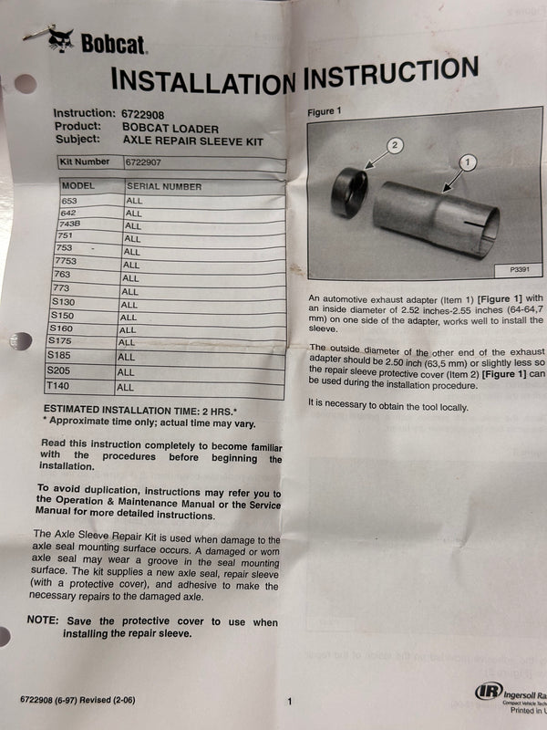 Bobcat 6722907 Genuine Axle Sleeve Repair Kit