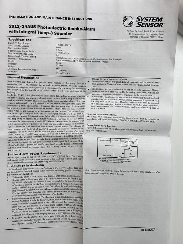 2012/24AUS Photoelectric Smoke-Alarm 9-24V DC
