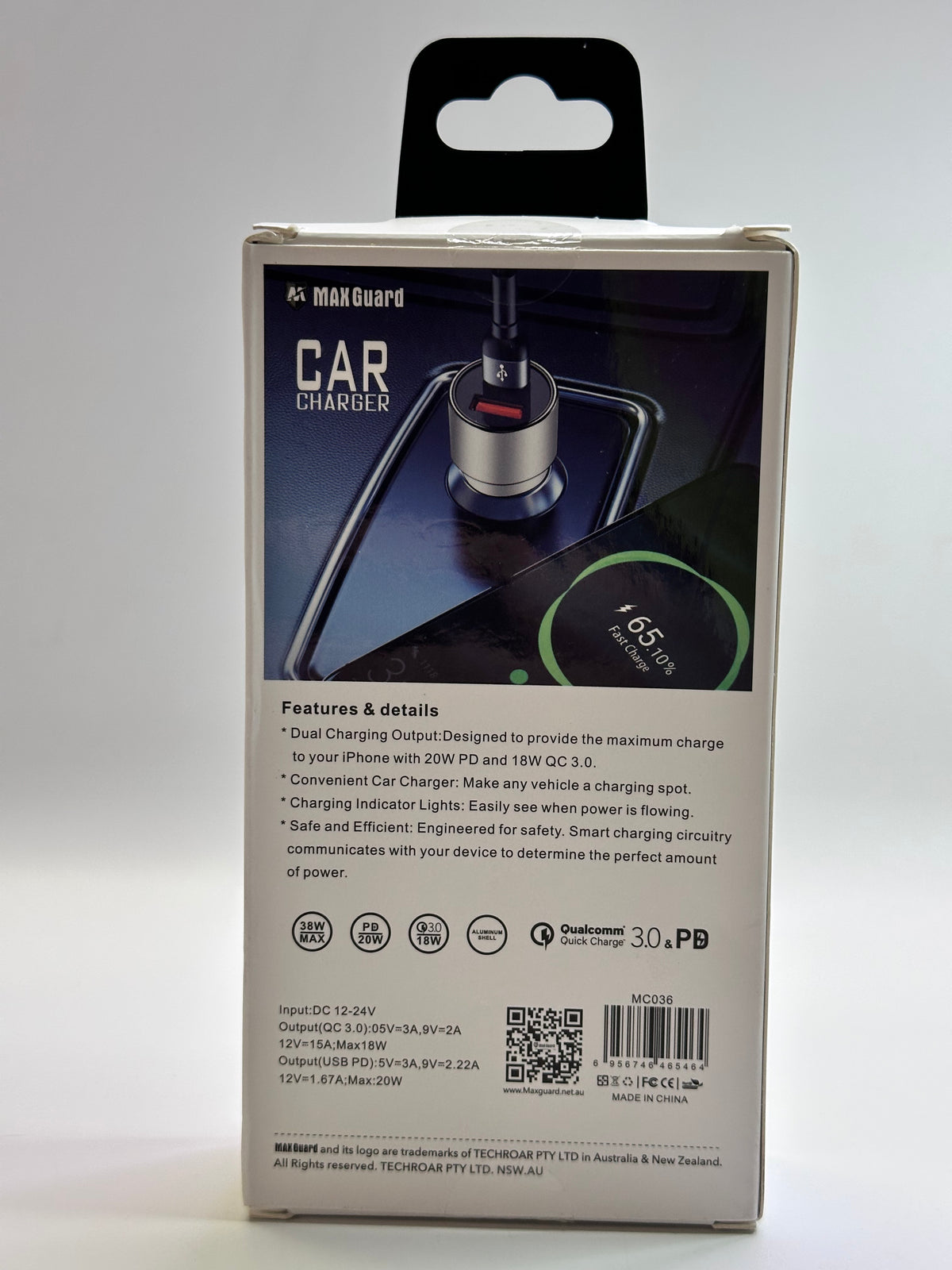 MAXGuard MC036 Dual Car Charger — USB PD 20W / QC 3.0 18W