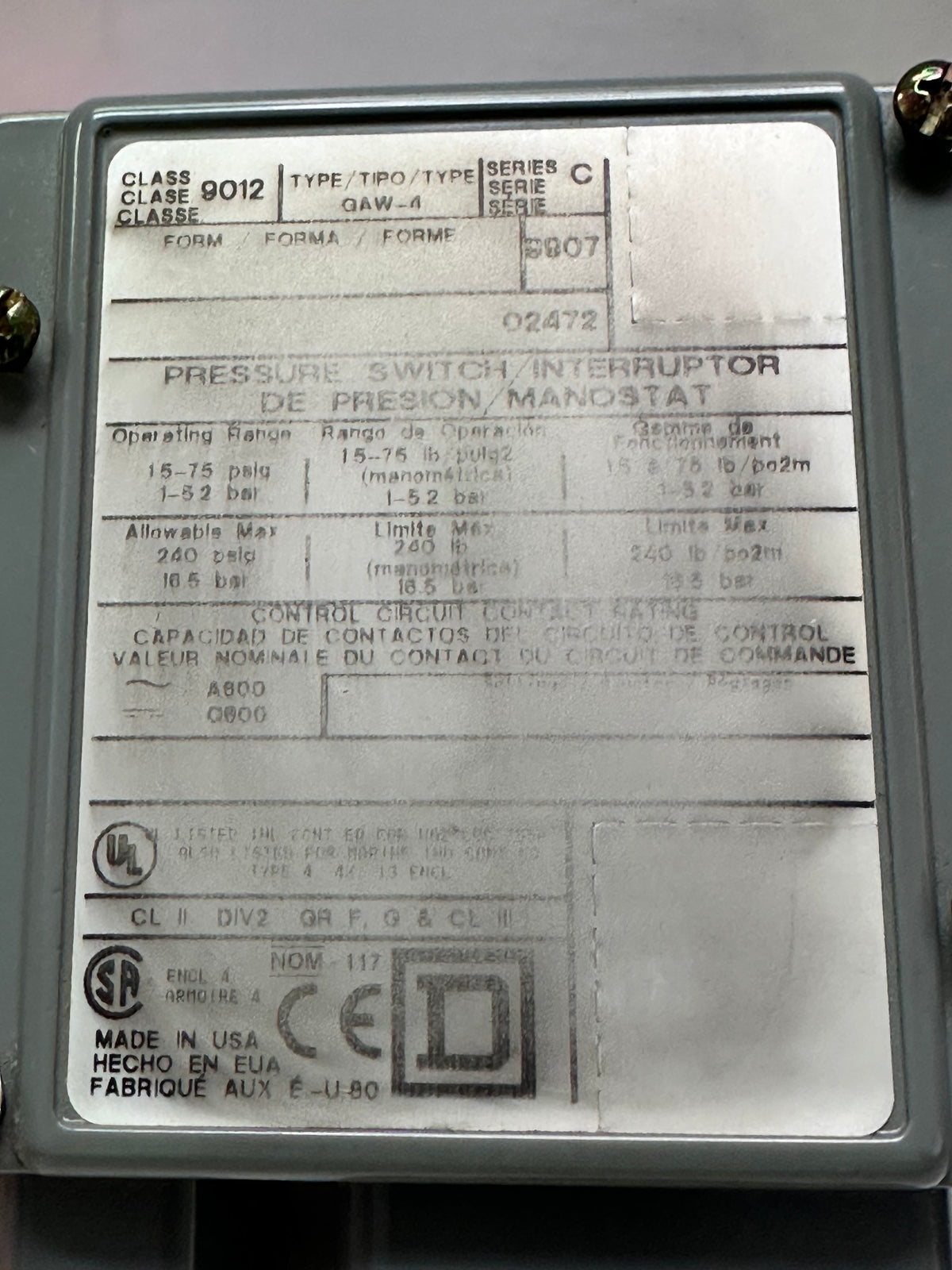 Square D 9012GAW4 Pressure Switch SPDT - 1.5 to 75 psi - 1/4"-18 NPTF - Screw Clamp Terminals