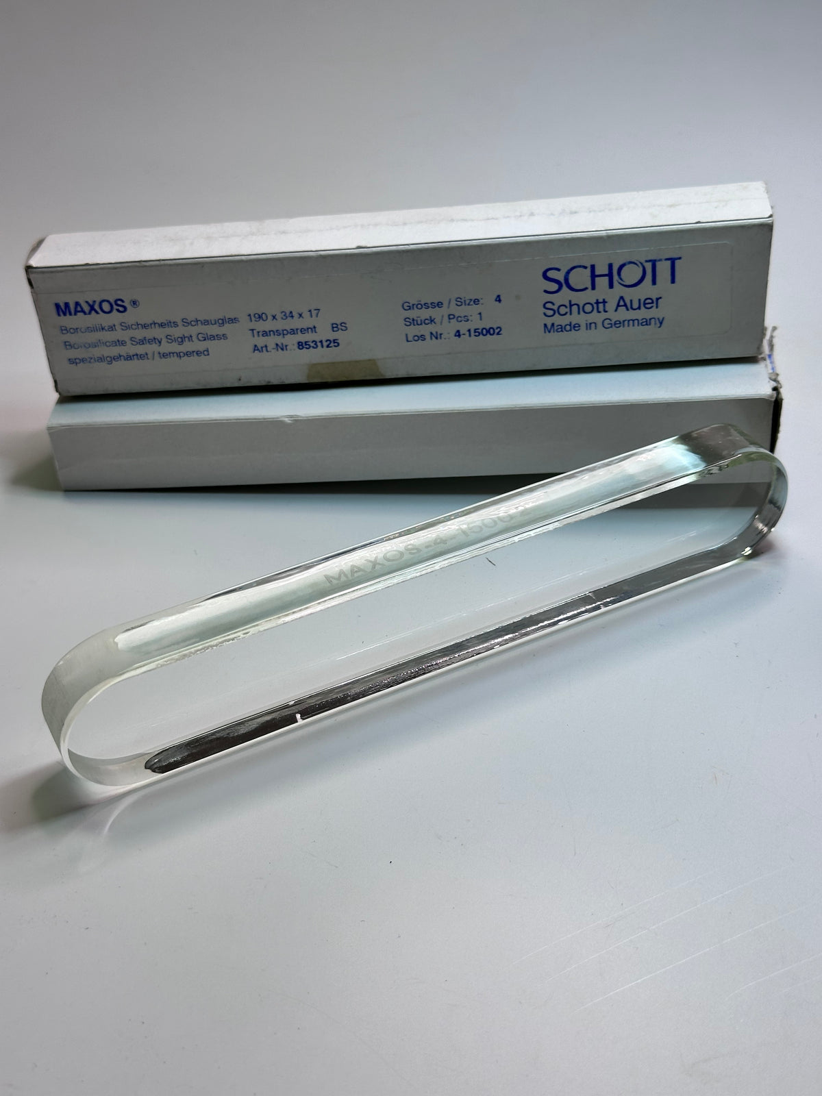 Schott MAXOS 4-15002 Size 4 Transparent Sight Glass — 190 × 34 × 17mm