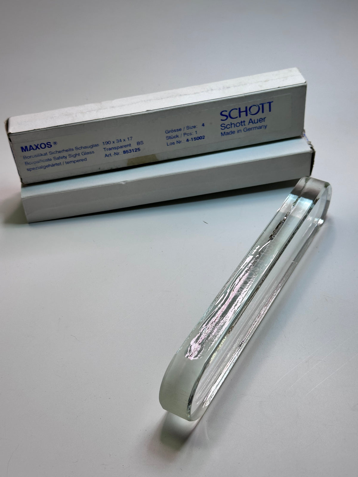 Schott MAXOS 4-15002 Size 4 Transparent Sight Glass — 190 × 34 × 17mm
