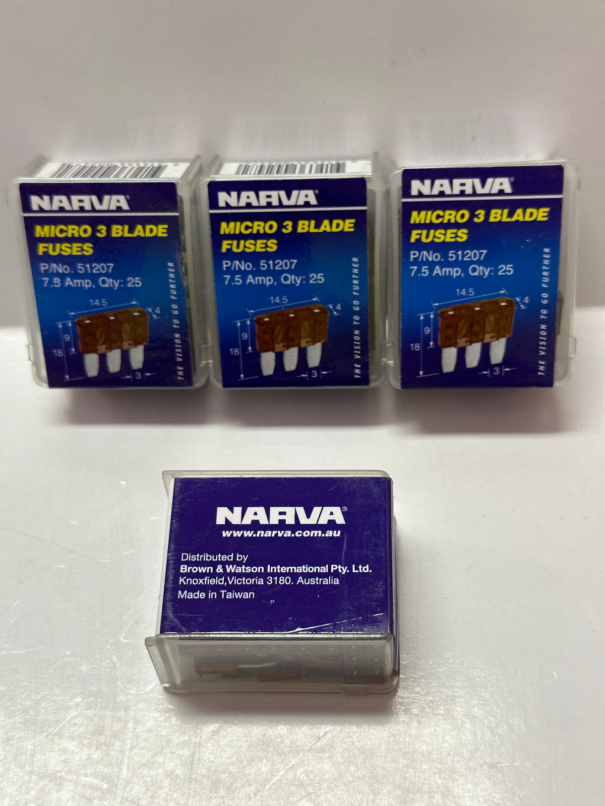 Narva 51207 Micro 3 Blade Fuses, 7.5 Amp, Brown, Box of 25