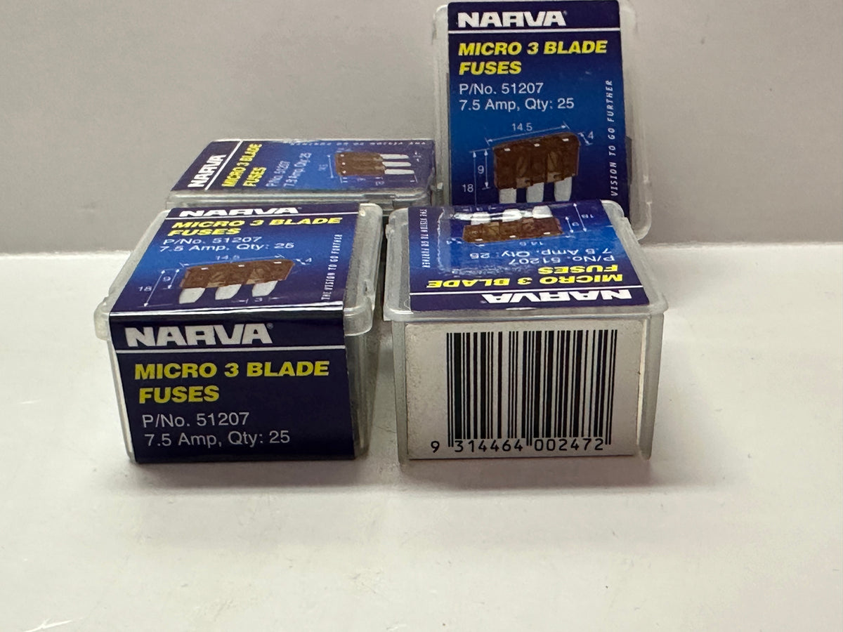Narva 51207 Micro 3 Blade Fuses, 7.5 Amp, Brown, Box of 25