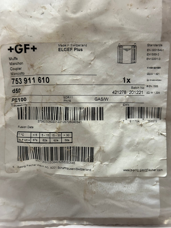 GF 753911610 ElectroFusion Fitting, Straight Coupler