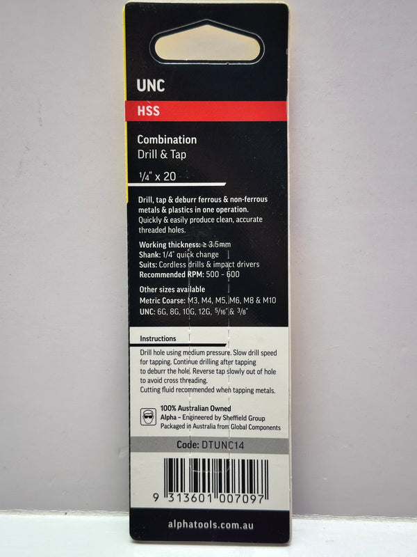 Alpha UNC HSS 1/4" x 20 Combination Drill & Tap, Titanium Nitride Coated DTUNC14
