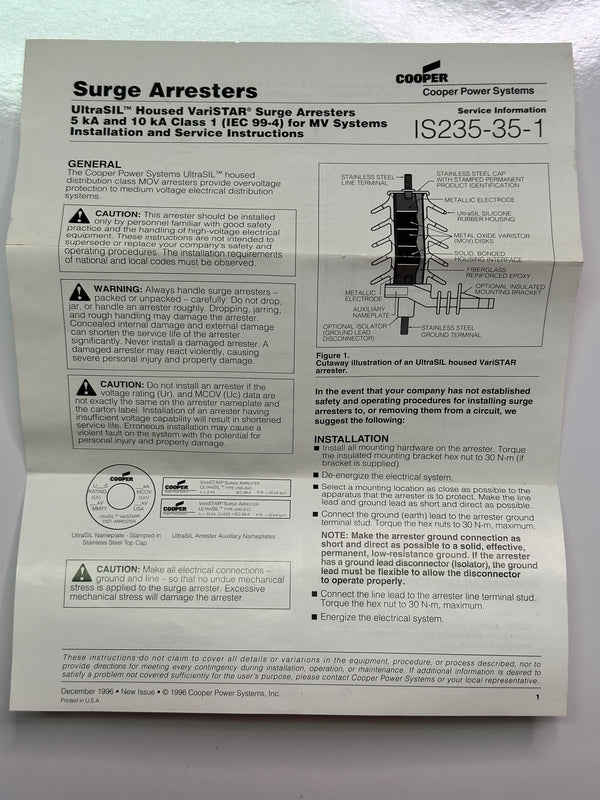 Cooper UltraSIL Housed VariSTAR Surge Arrester UNSZNO 5kA1kA IS235