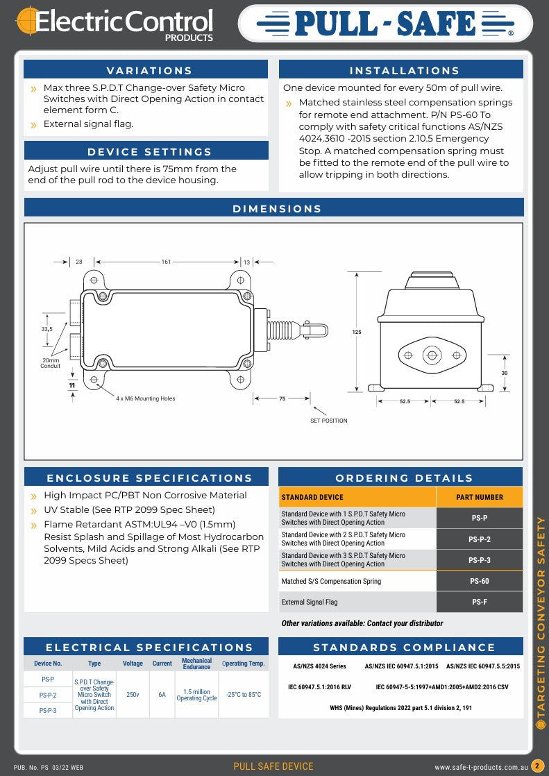 Pull-Safe PS-P-2 Pull Wire Device, Emergency Stop Safety Switch + 10MTR KIT