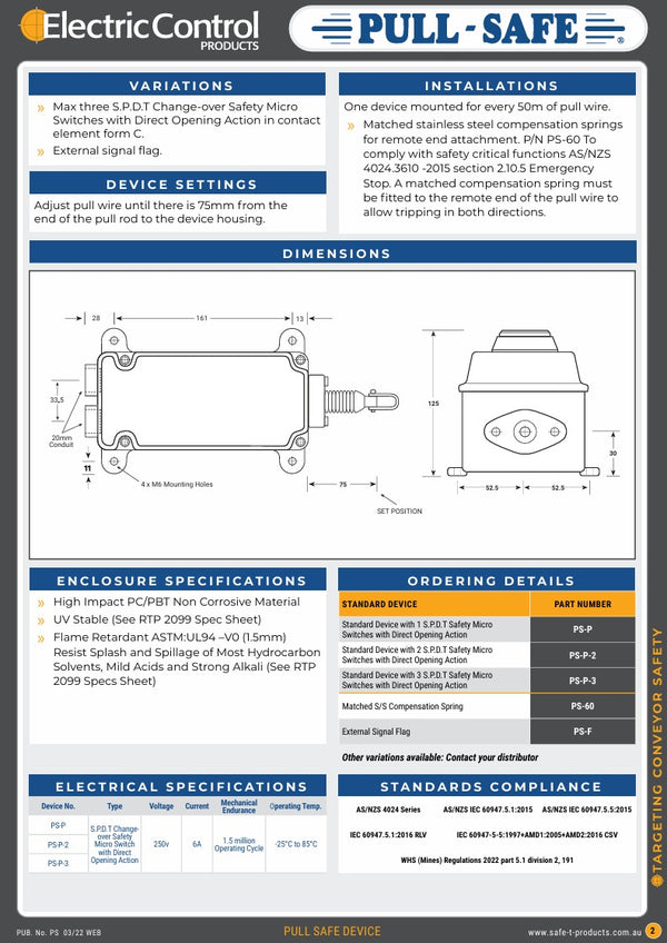 Pull-Safe PS-P-2 Pull Wire Device, Emergency Stop Safety Switch + 10MTR KIT