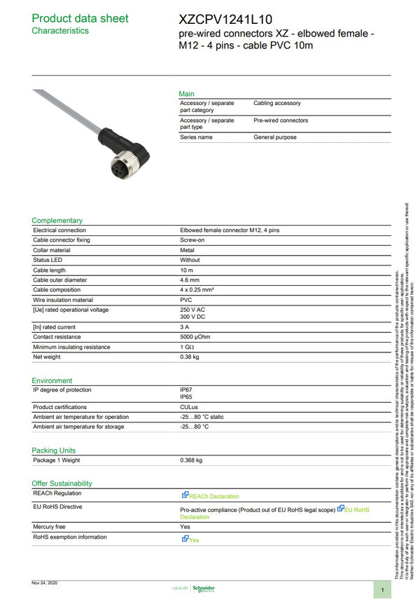 XZCPV1241L10 Telemecanique Pre-Wired Sensor Cable