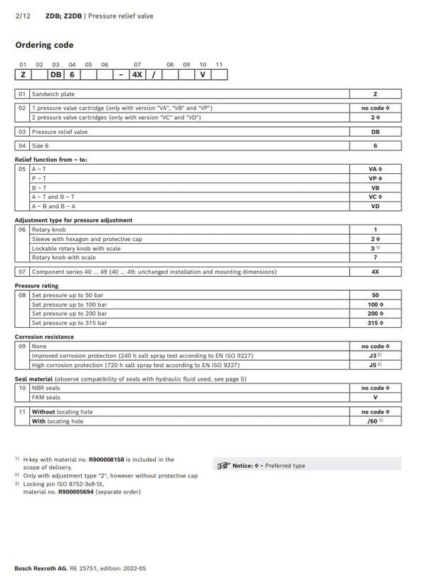 Bosch Rexroth R900411318 Pressure Relief Valve Z2DB6ZV2-42/315V Size 6, symbol A - T and B - T, with manual actuation