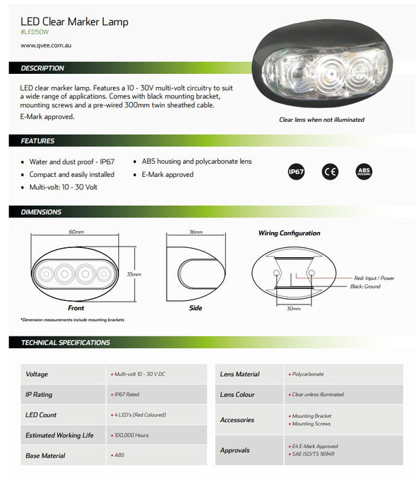 10-30V LED Front Marker Lamp, 50A, Prewired, CLEAR/WHITE LED50W, box of 10