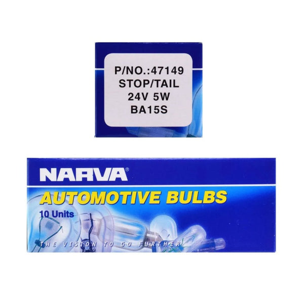 Narva 47149 24V 5W BA15S Stop/Tail Incandescent Globes - Box of 10