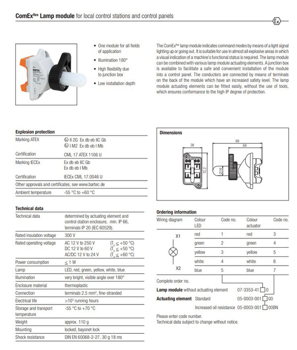 Bartec 07-3353-1130 ComEx Flex Lamp Module, Amber, for use in Explosive Environments 24-230V
