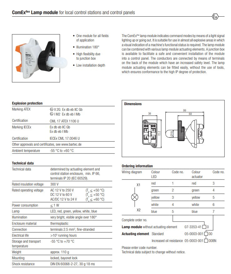 Bartec 07-3353-1110 Lamp Module, Red for use in Explosive Enviroments
