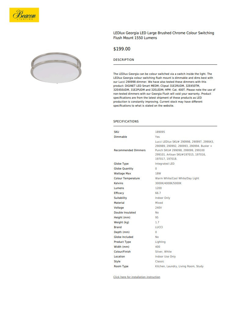 LEDlux Georgia Large Brushed-Chrome Colour-Switching Flush-Mount Light