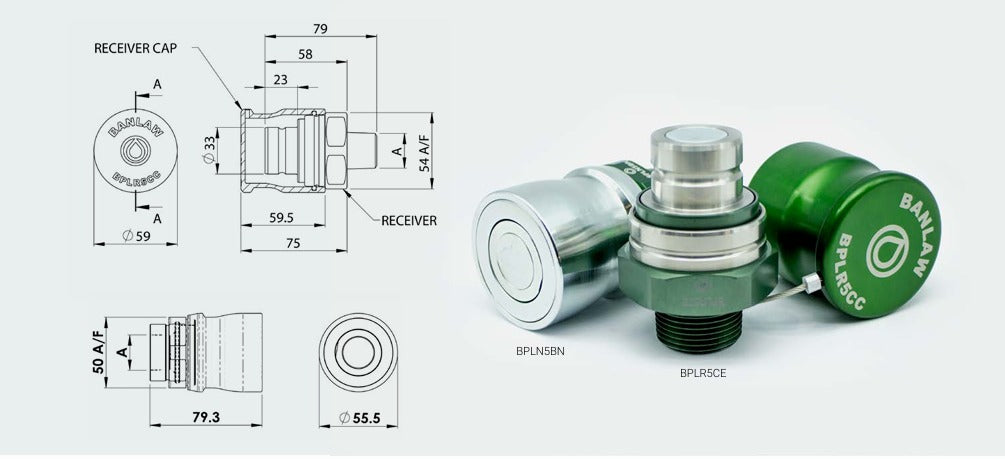 Banlaw BPLR5BE Size 5 Flush Face Fluid Transfer Receiver, 3/4", Green with Cap
