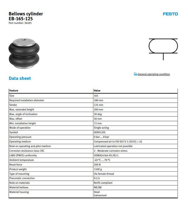 Festo EB-165-125 Single Acting Bellows Cylinder 36491