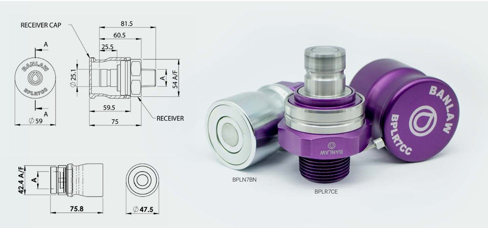 Banlaw BPLR7BE Size 7 Flush Face Fluid Transfer Receiver, Purple, 3/4" NPT with CAP