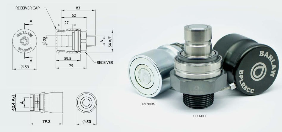 Banlaw BPLN8BNC Size 8 Nozzle, Flush Face Receiver, Platinum, 3/4" with Cap