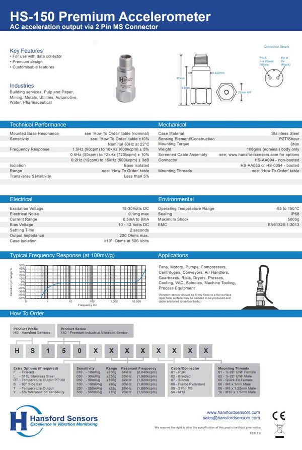 Hansford HS-1501005002 Accelerometer, 2 Pin MS connector, Top Entry