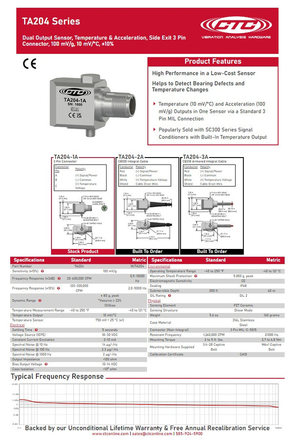CTC TA204-1A Dual Output Sensor, Temperature & Acceleration, 3 Pin, Side Exit