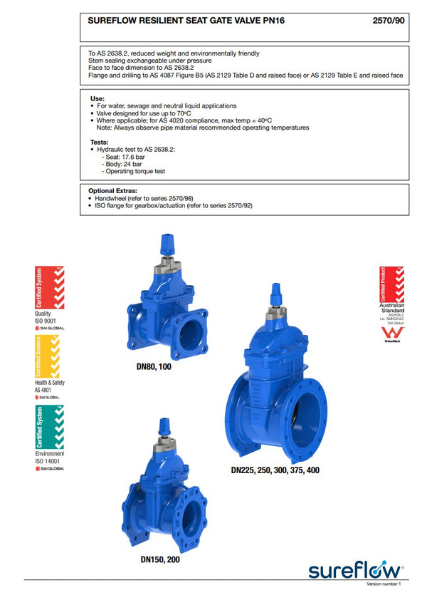 sureflow 899136 Resilient Seated Gate Valve with Stem Cap DN100