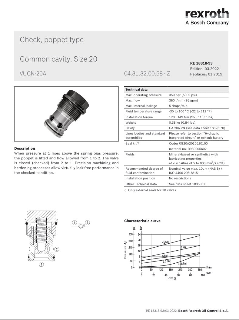 Rexroth R901109780 Direct Acting, Poppet Type, Hydraulic Check Valve Size 20, 043132005800000-20A-00