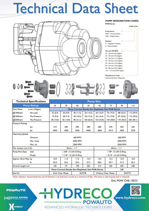 Hydreco POW Series Cast Iron Hydraulic Gear Pump POWS115 113L/Min PTO